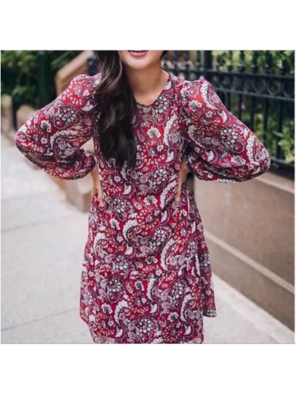 LOFT Paisley Shimmer Sheer Flounce Mini Dress Sz M Red crewneck Long Sleeves